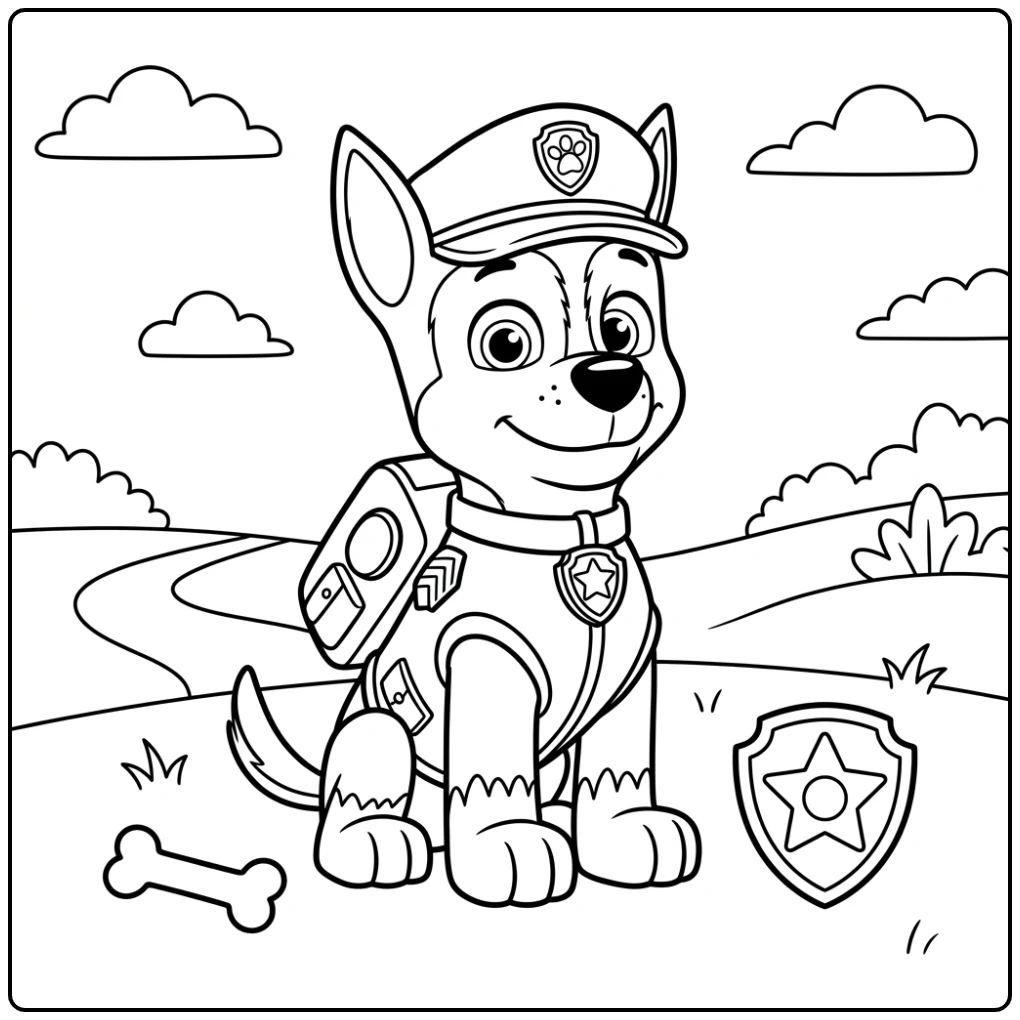 Chase de politiehond, paw patrol kleurplaat makkelijk en trots.