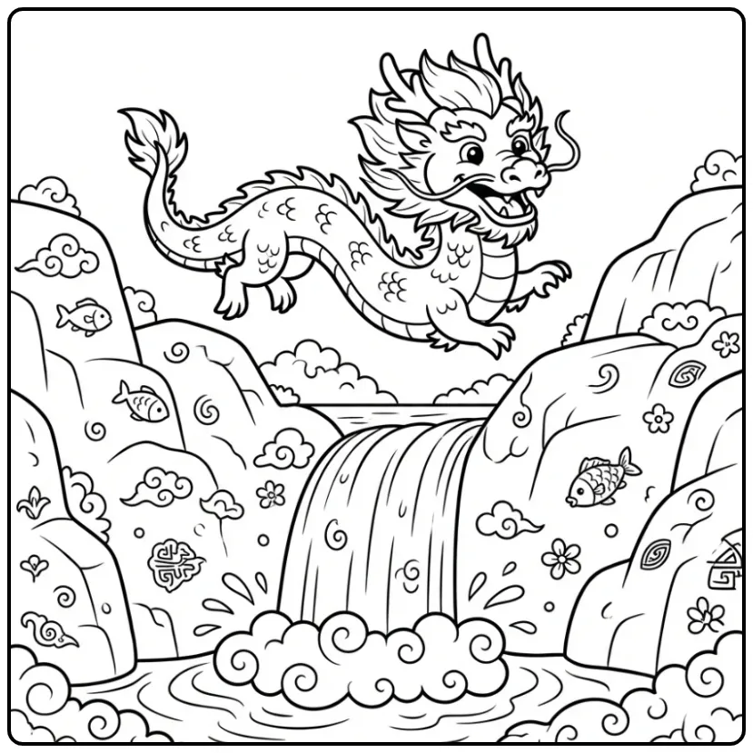 Een leuke chinese draak kleurplaat springt over rotsen