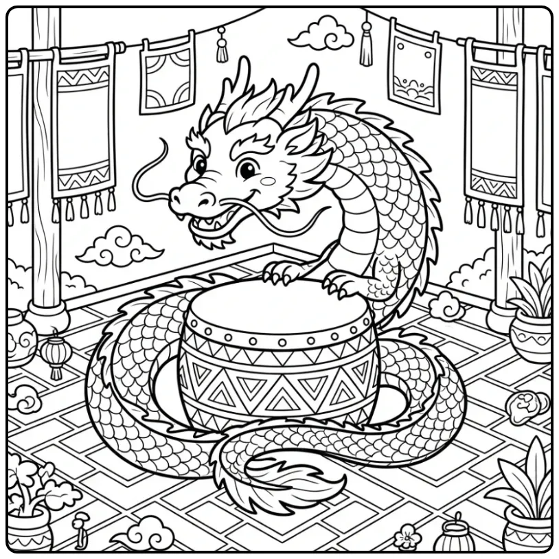 Leuke chinese draak kleurplaat rondom een ceremoniële trommel