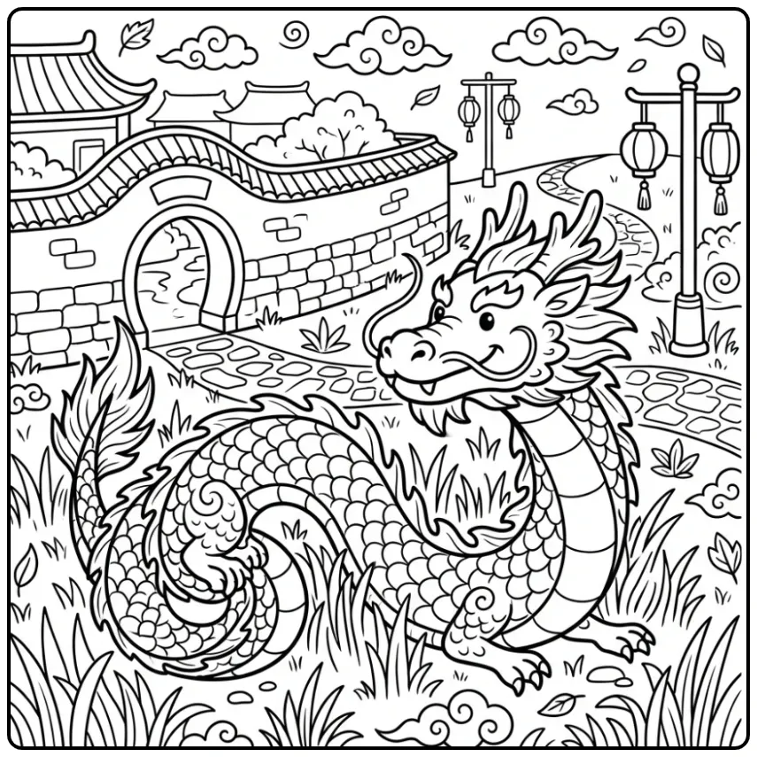 Speelse chinese draak kleurplaat bij een dorpsmuur.