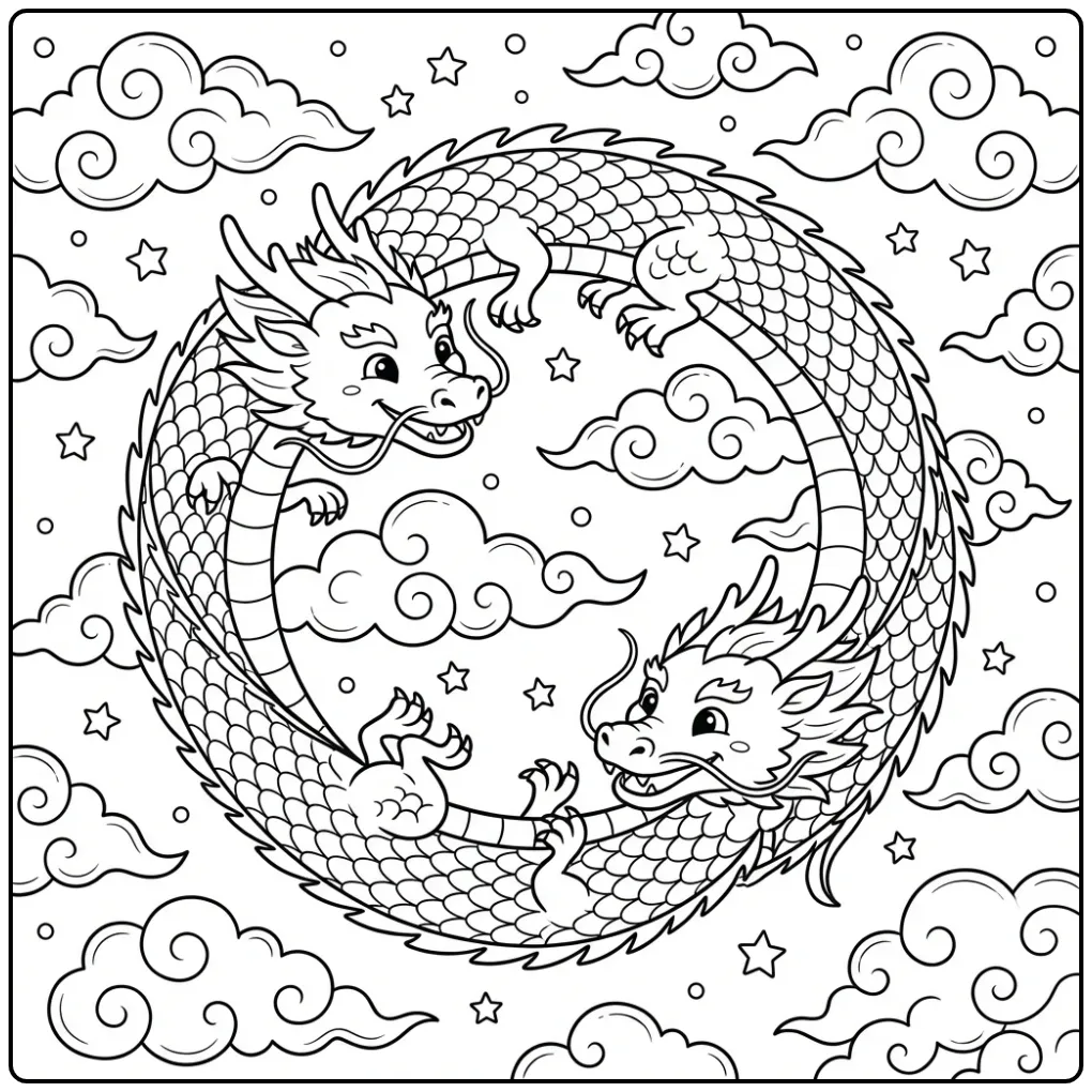 Schattige chinese draak kleurplaat met twee draken in een cirkel