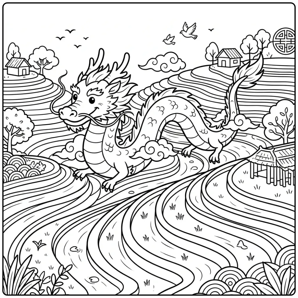 Een schattige chinese draak kleurplaat boven rijstvelden.