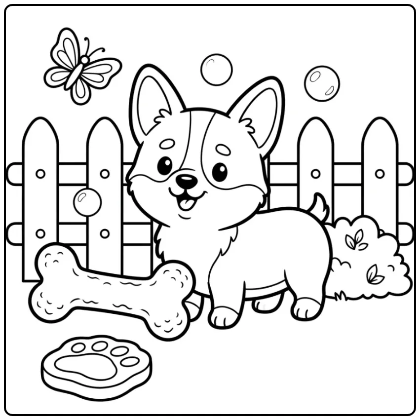 Schattige corgi met speelgoed puppy kleurplaat makkelijk.