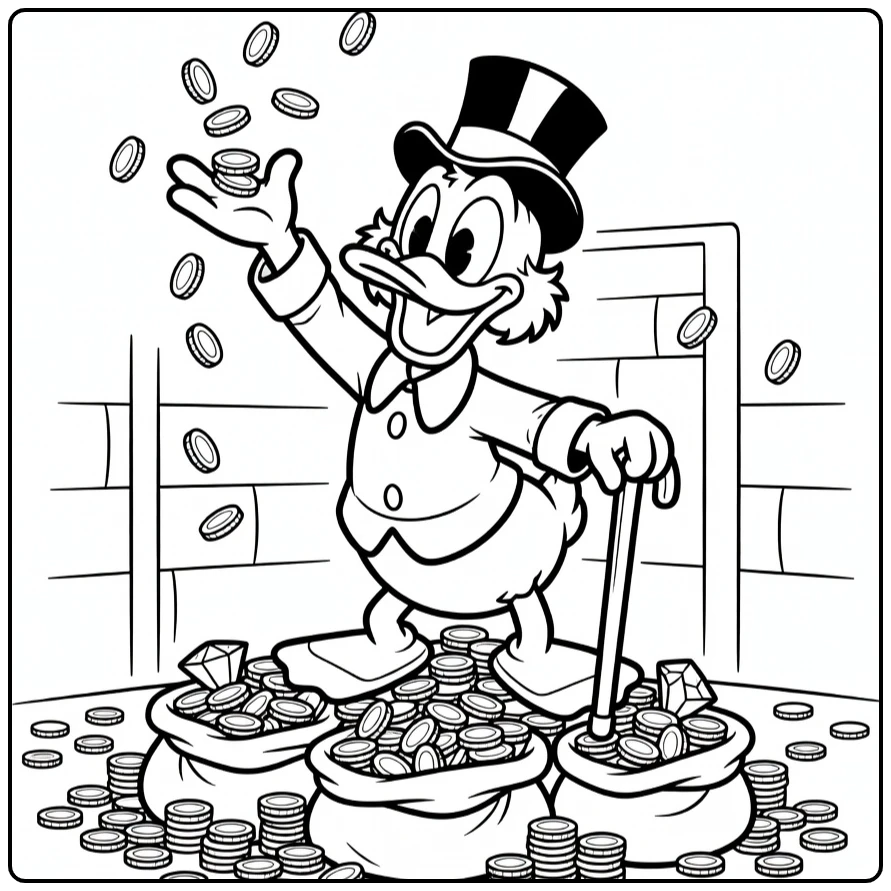 Dagobert Duck gooit vrolijk munten in de lucht. kleurplaat dagobert duck.
