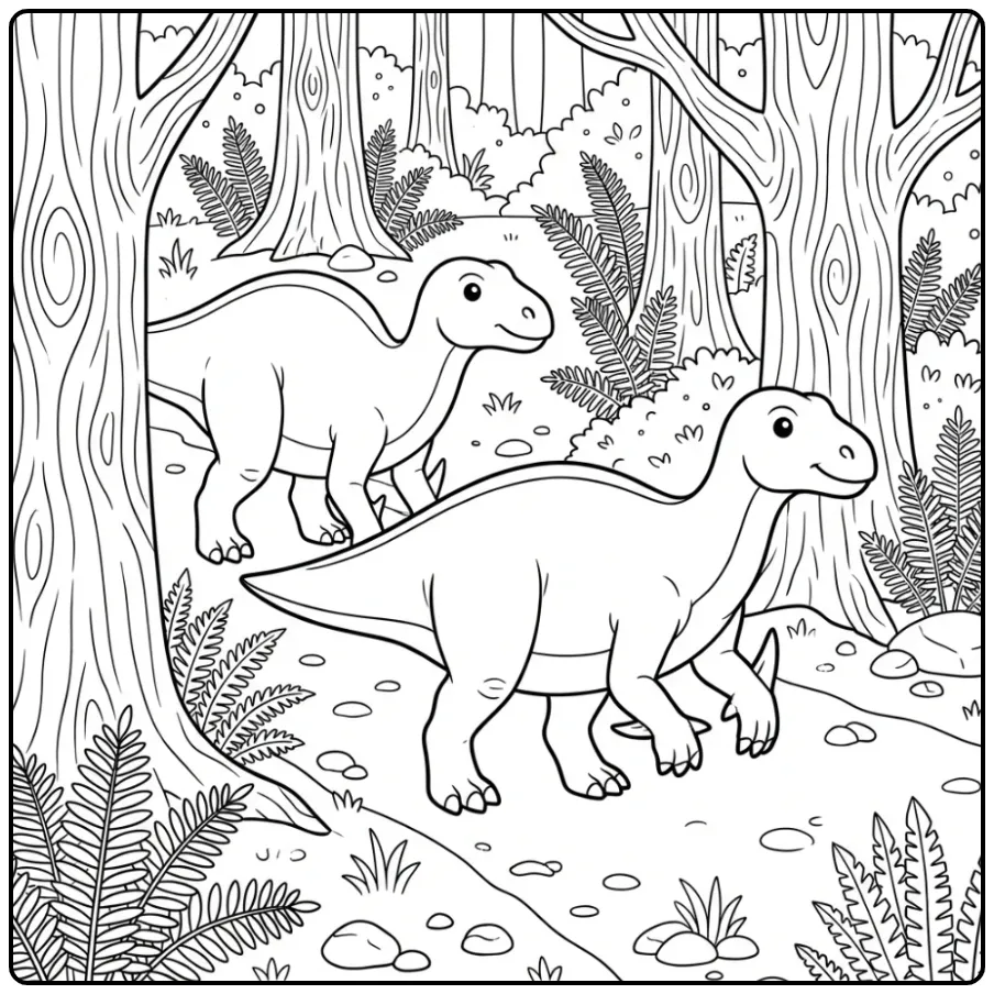 Schattige dino kleurplaat met twee wandelende Iguanodons.