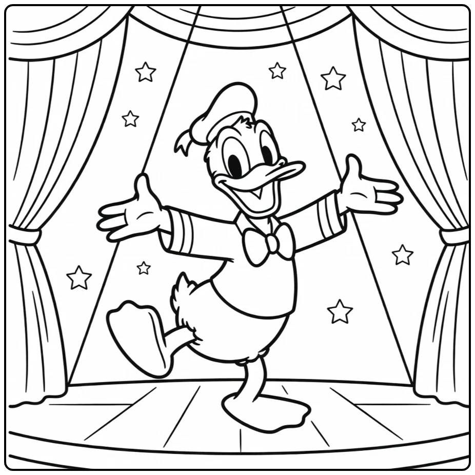 Donald Duck op toneel in vrolijke pose, een kleurplaat donald duck moeilijk