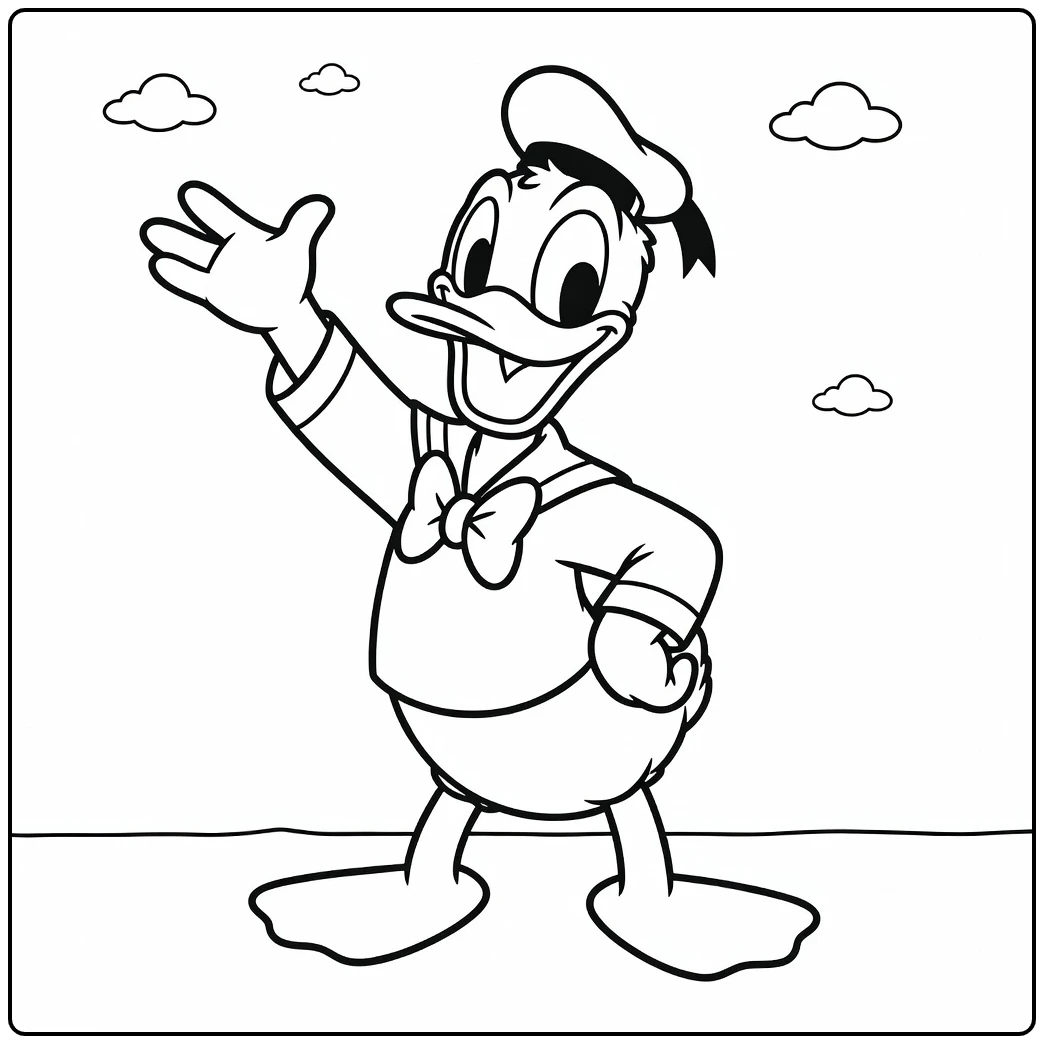 Donald Duck kleurplaat makkelijk - vrolijke Donald wuift blij.