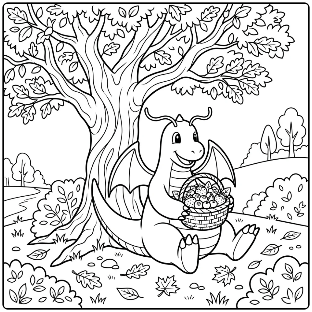 Dragonite kleurplaat: vrolijke Dragonite ontspant onder een boom met bessen.