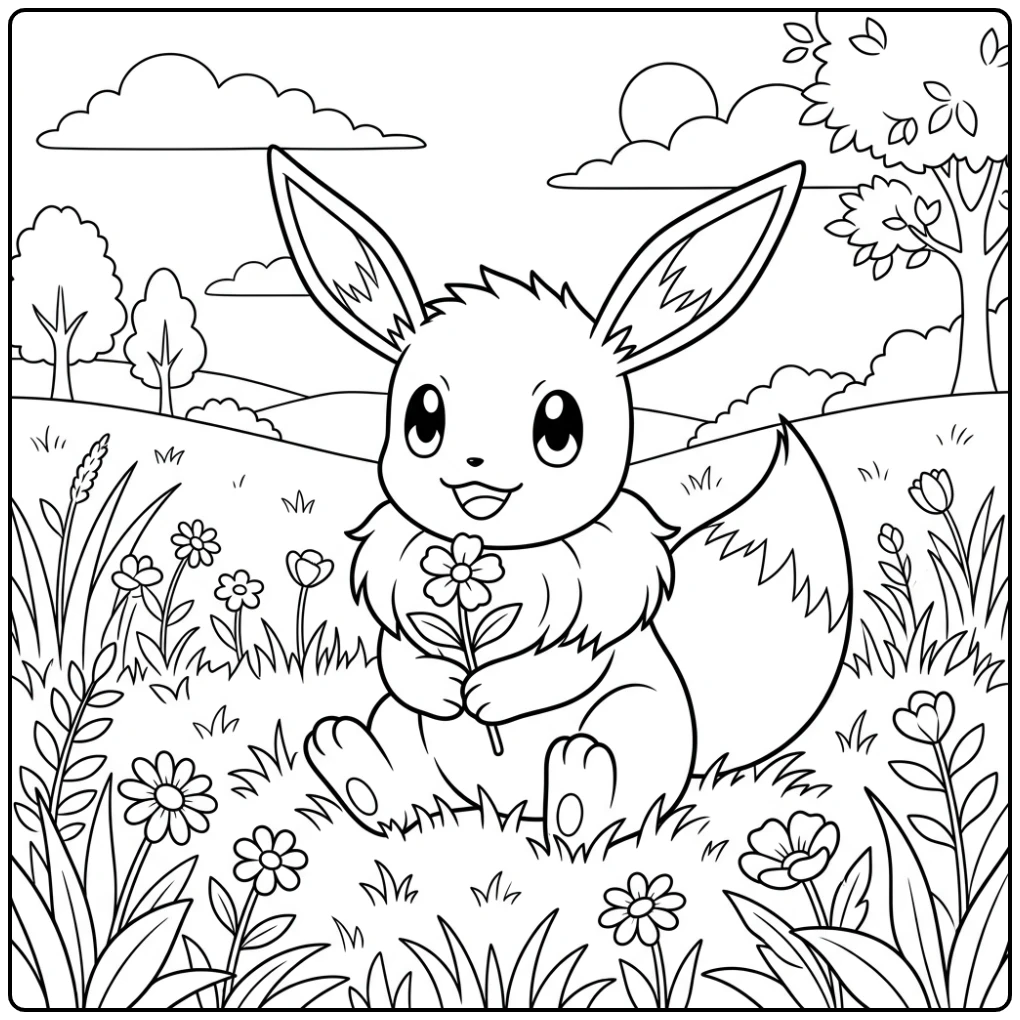 Schattige eevee kleurplaat in een bloeiende weide met een bloem