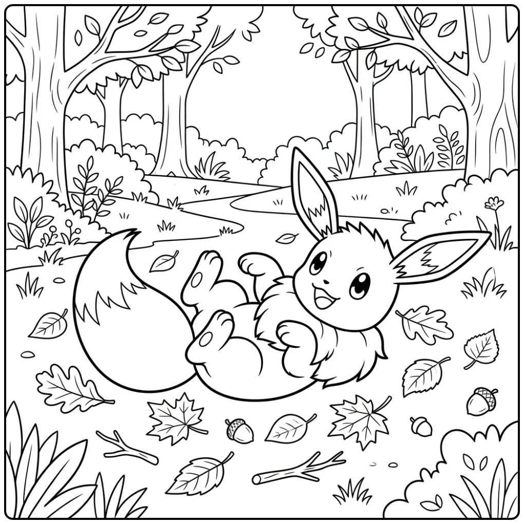 Speelse Eevee kleurplaat, vrolijk rollend tussen herfstbladeren.