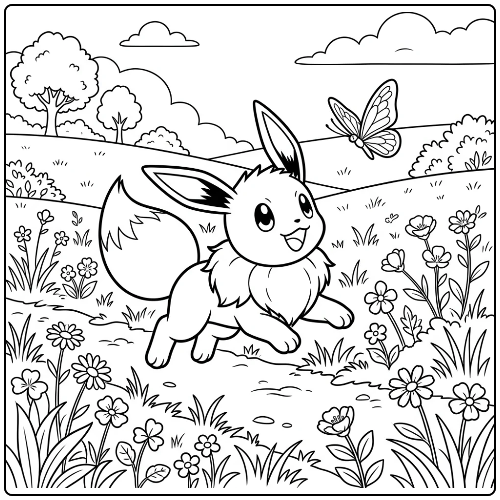 Speelse Eevee kleurplaat jaagt een vlinder na in een open veld.