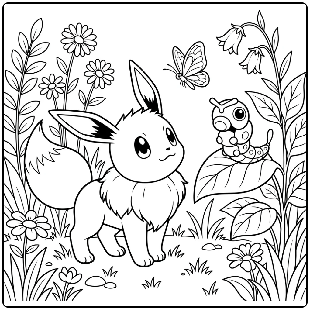 Leuke eevee kleurplaat: Eevee en Caterpie met vlinder in de natuur.