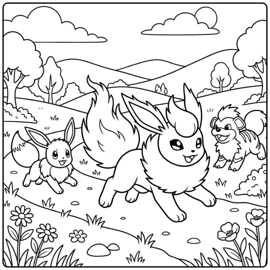 Blad met rennende Flareon, Eevee, Growlithe; flareon kleurplaat.