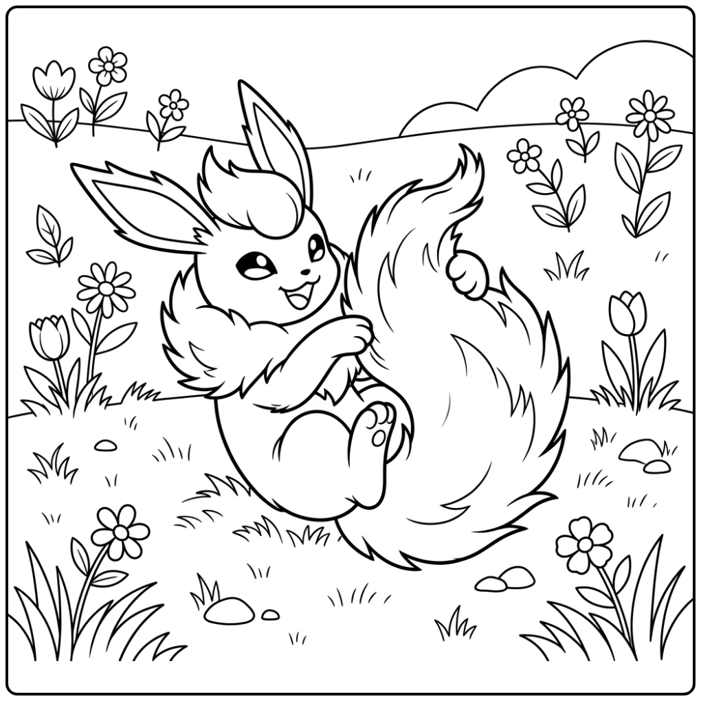 Speelse flareon kleurplaat die op de grond rolt met bloemen.