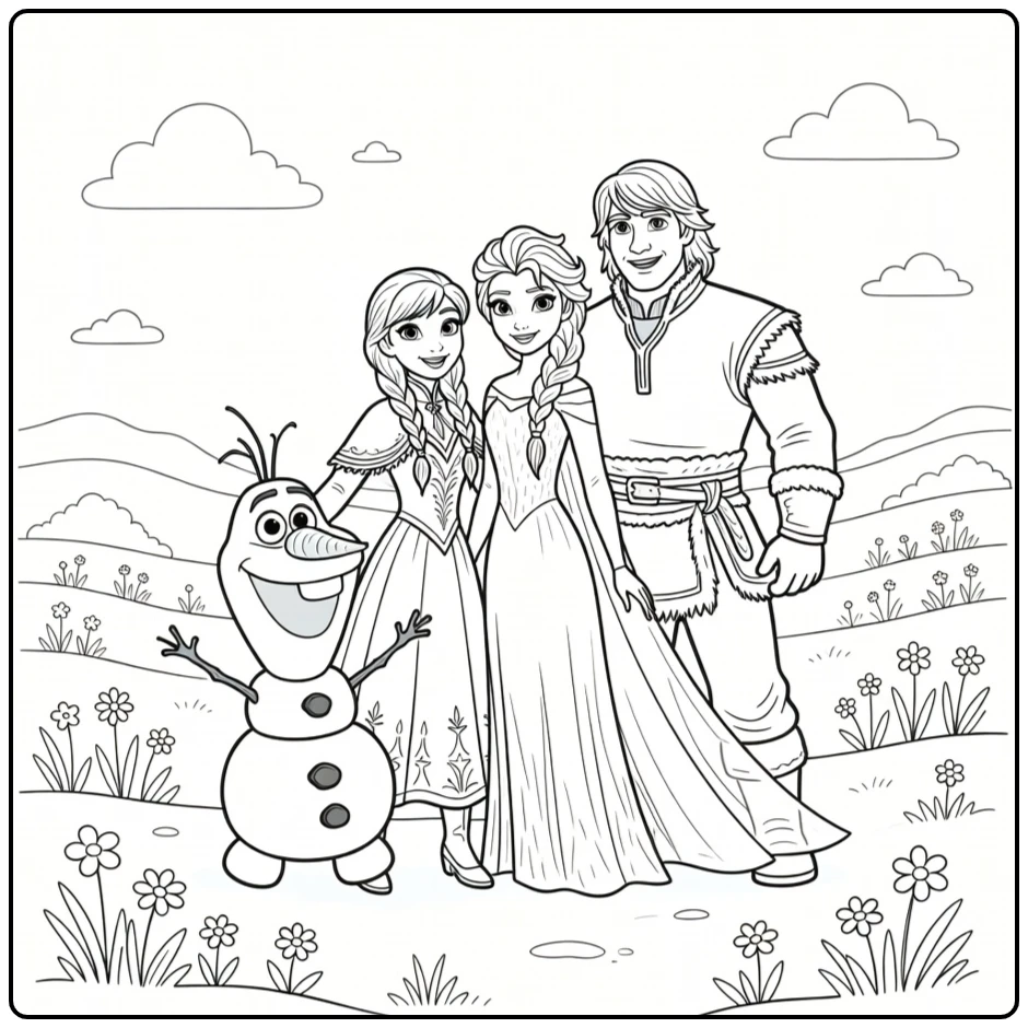 Speelse frozen kleurplaat met Anna, Elsa, Olaf en Kristoff.