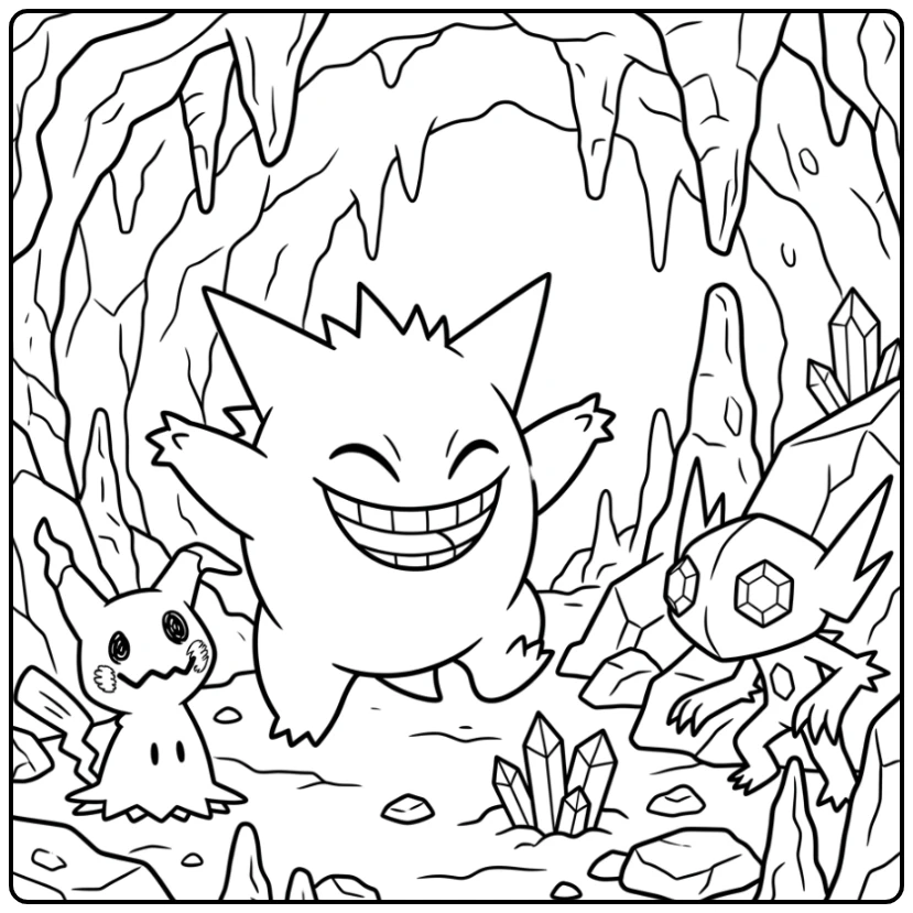 Gengar lachend met Mimikyu en Sableye in grot, een leuke gengar kleurplaat.
