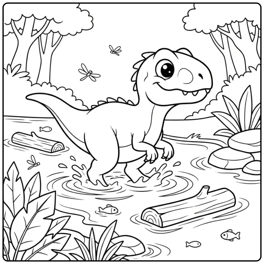 Schattige indominus rex kleurplaat die in het water speelt.