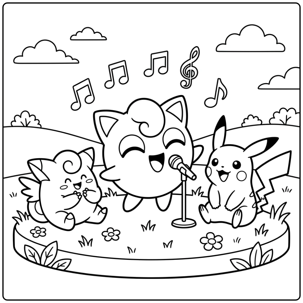 Jigglypuff kleurplaat van zingende Jigglypuff met Pikachu en Clefairy