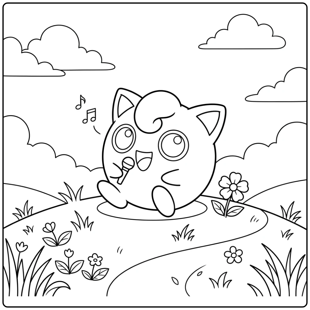 Jigglypuff kleurplaat: zingend op een groene heuvel onder wolken.