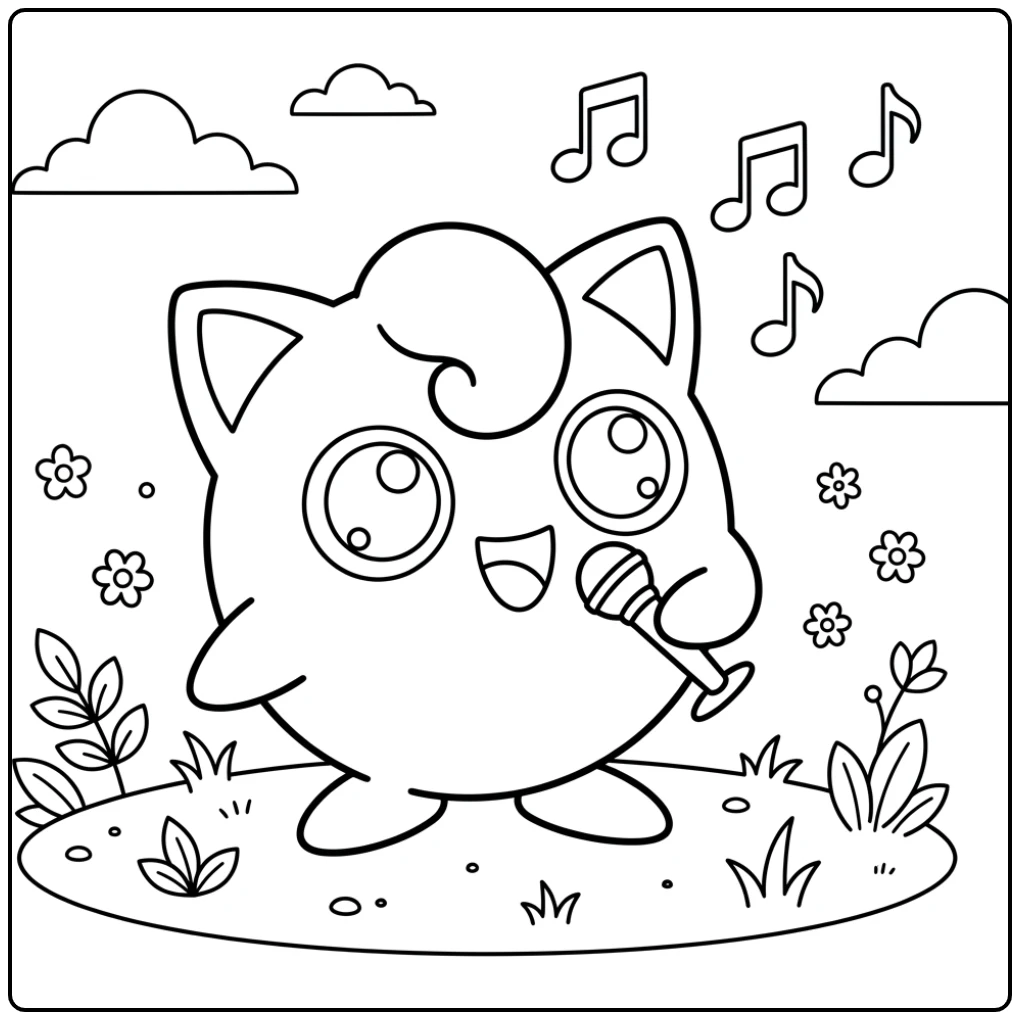 Jigglypuff zingt vrolijk met microfoon, een pokemon kleurplaat makkelijk