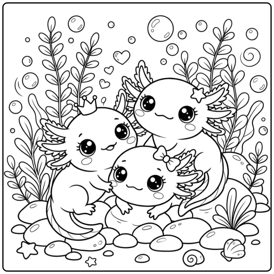 Schattige kawaii axolotl kleurplaat met drie kleine vriendjes.