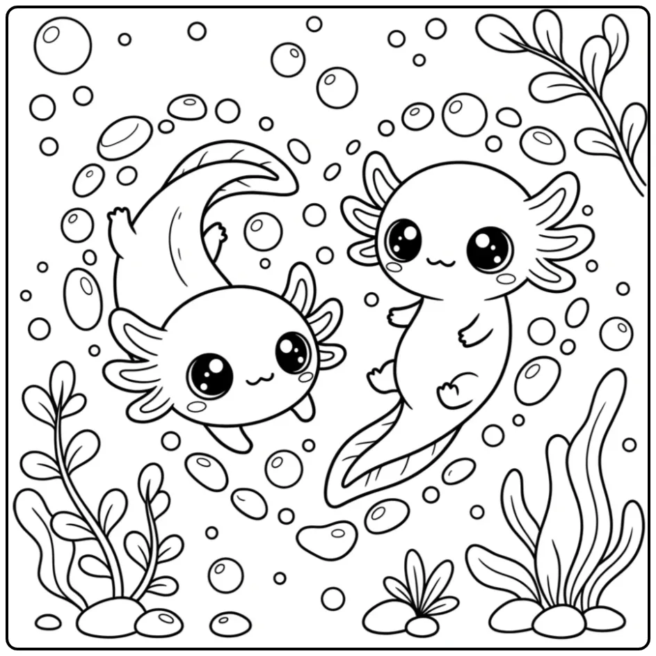 Lieve kawaii axolotl kleurplaat met twee diertjes in een hart.
