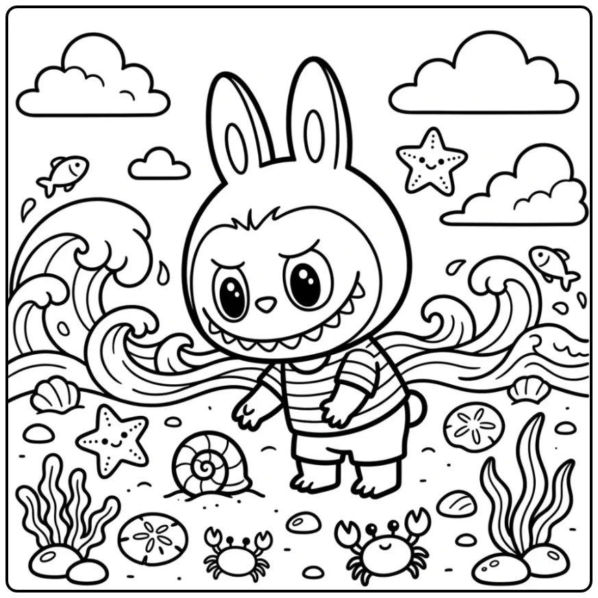 Schattige kawaii labubu kleurplaat op het strand met schelp.