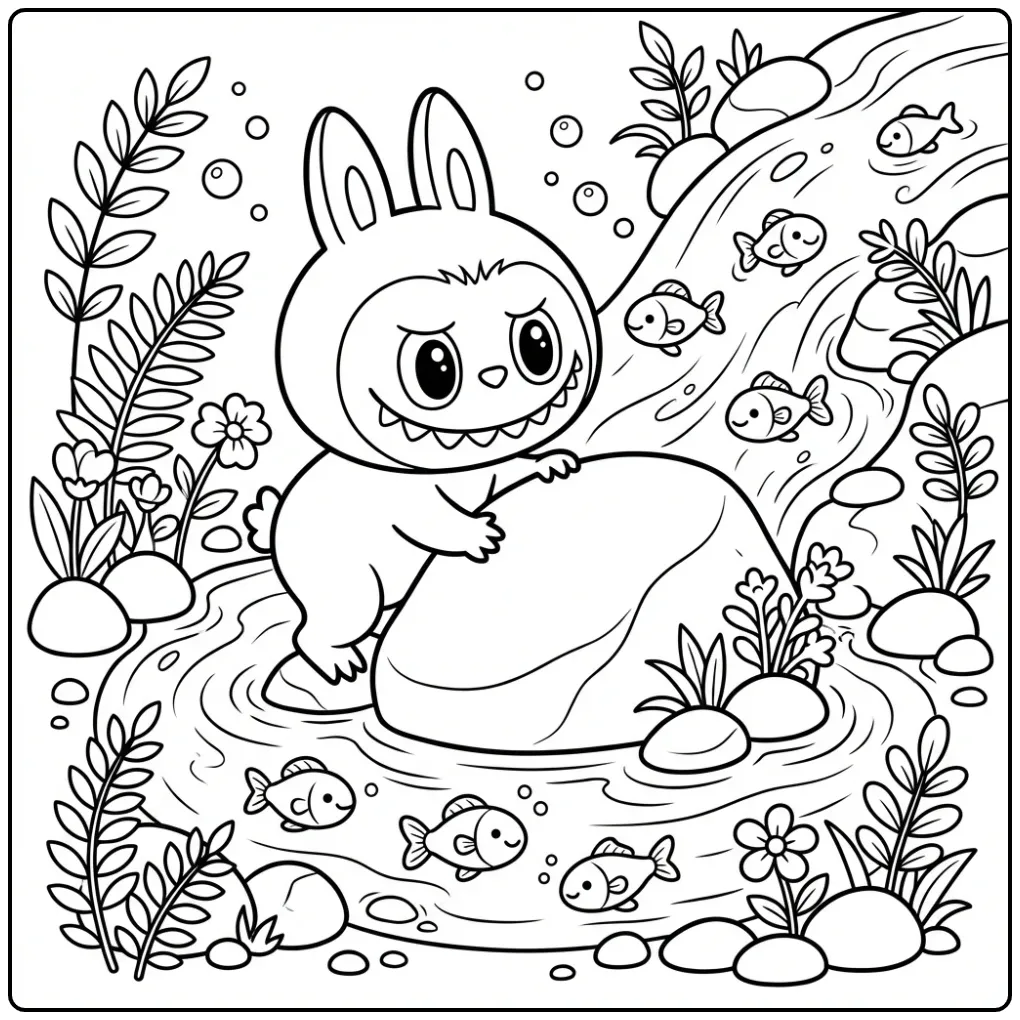 Speelse kawaii labubu kleurplaat klimmend op een rots.