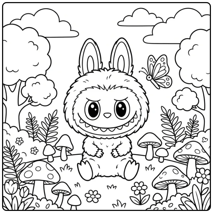 Schattige kawaii labubu kleurplaat in een bos met paddenstoelen.