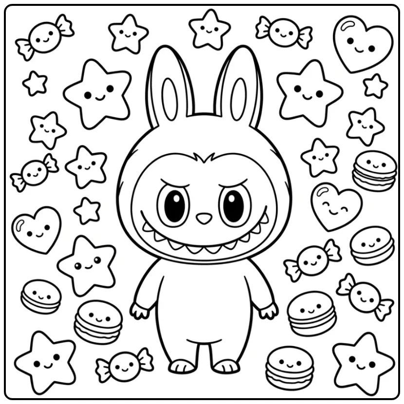 Een schattige kawaii labubu kleurplaat met snoepjes en sterren