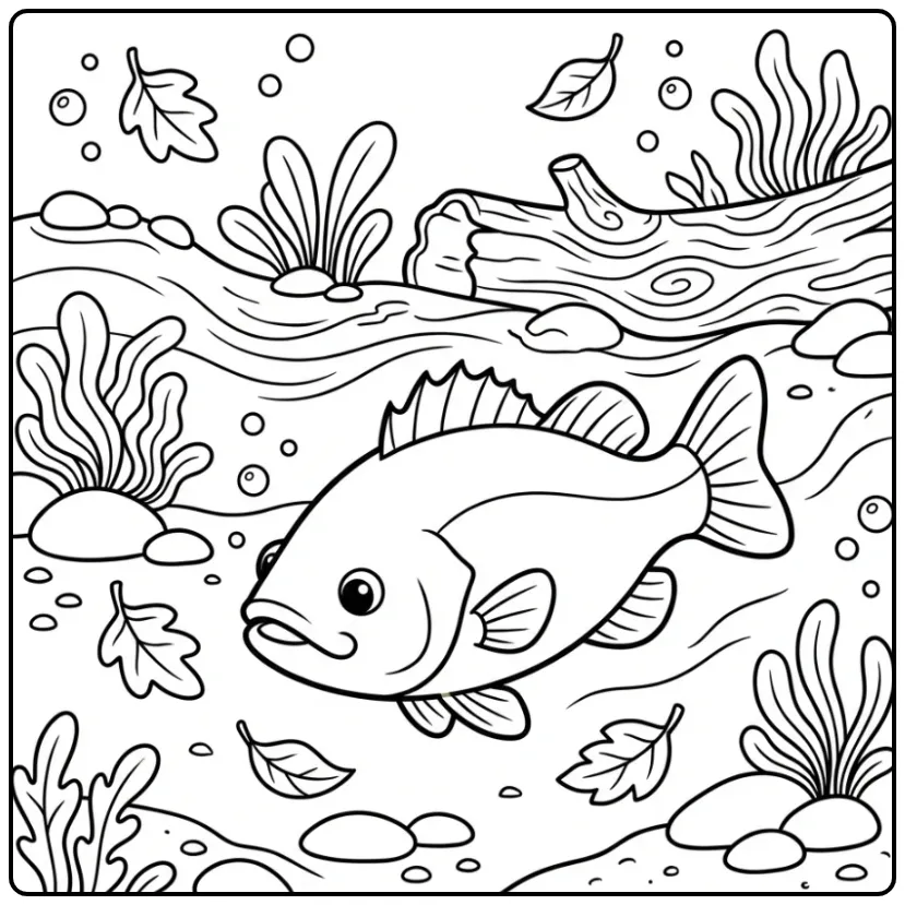 Schattige kleurplaat bas zwemmend tussen waterplanten.