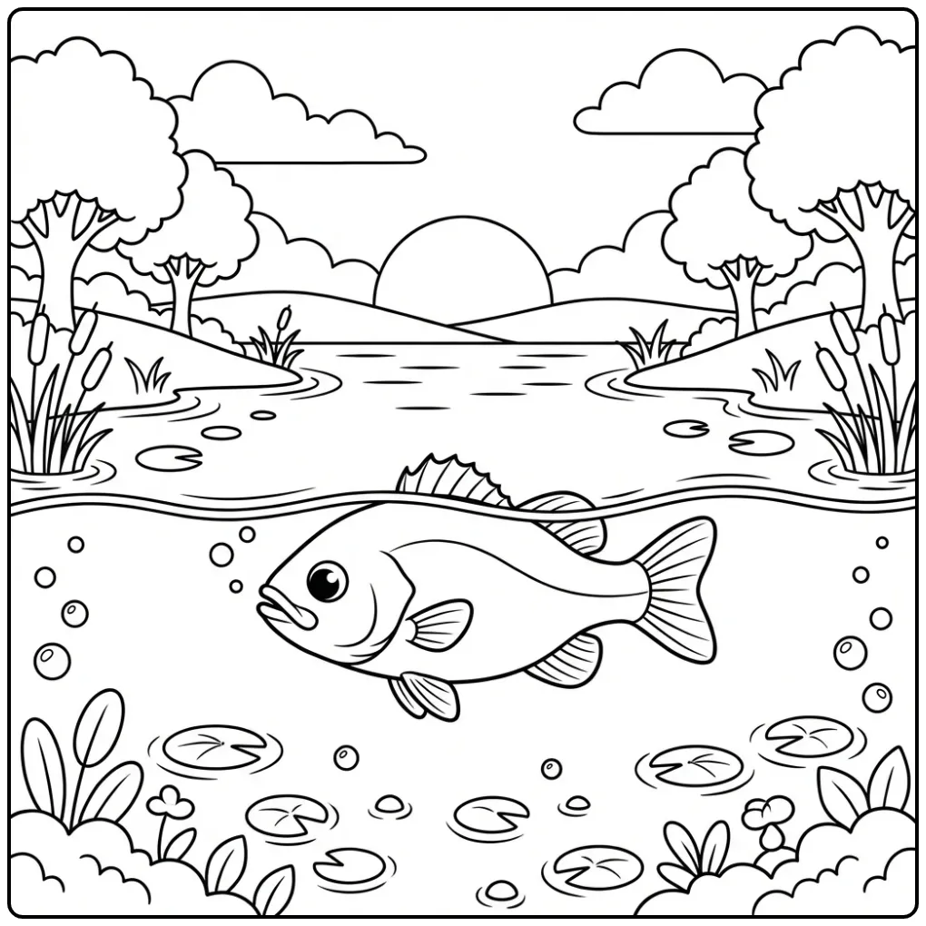 Een schattige kleurplaat bas zwemmend in een rustig meer.