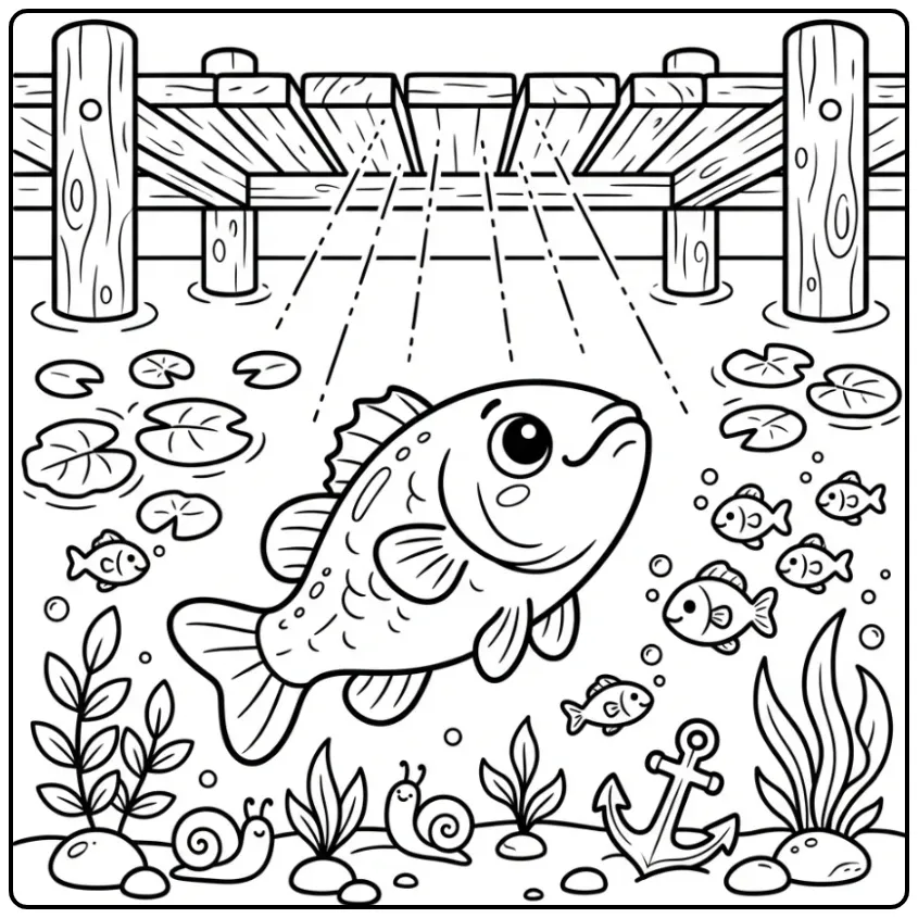 Een leuke kleurplaat bas zwemmend onder een steiger met visjes.