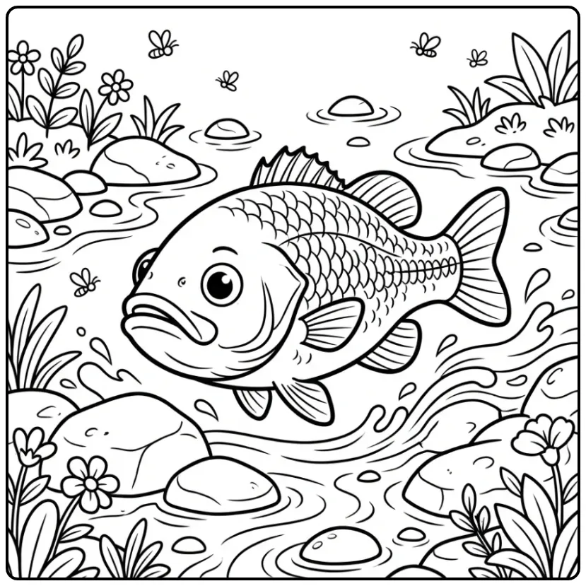 Een schattige kleurplaat bas zwemmend in de rivier.