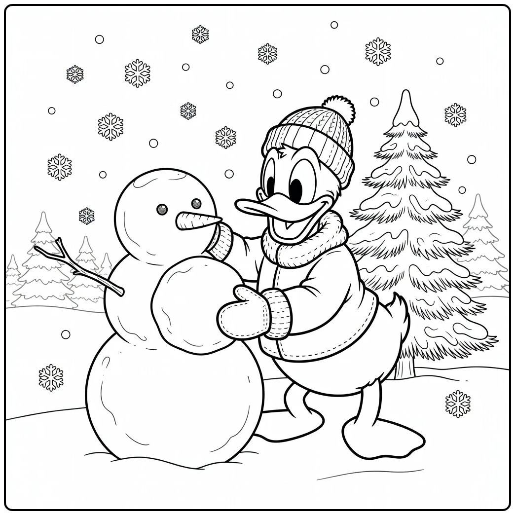 Donald Duck bouwt een sneeuwpop - kleurplaat donald duck kerst