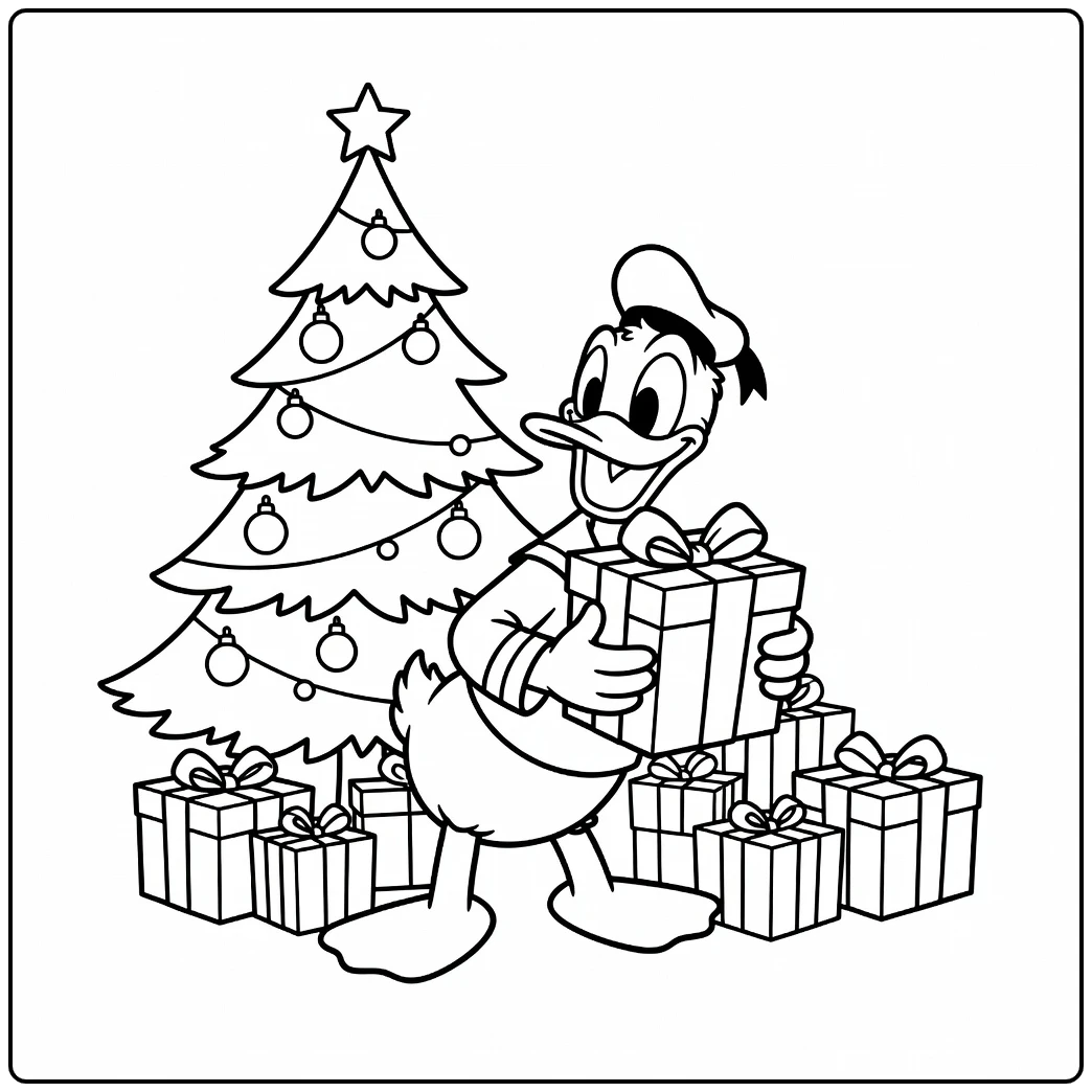 Kleurplaat donald duck kerst: Donald met cadeau bij kerstboom.