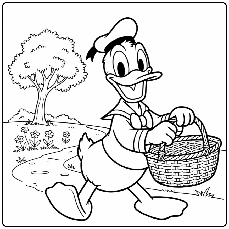 Donald Duck marsjeert vrolijk met picknickmand - kleurplaat donald duck