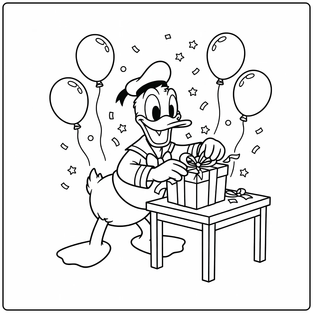 Donald Duck opent cadeau – kleurplaat donald duck verjaardag