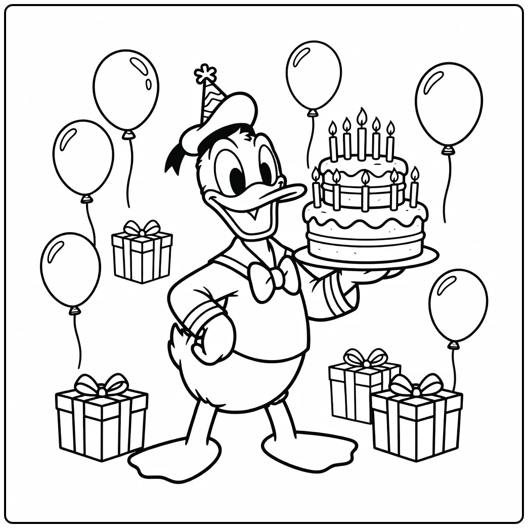 Feestelijke Donald Duck met taart en cadeaus, kleurplaat donald duck verjaardag.
