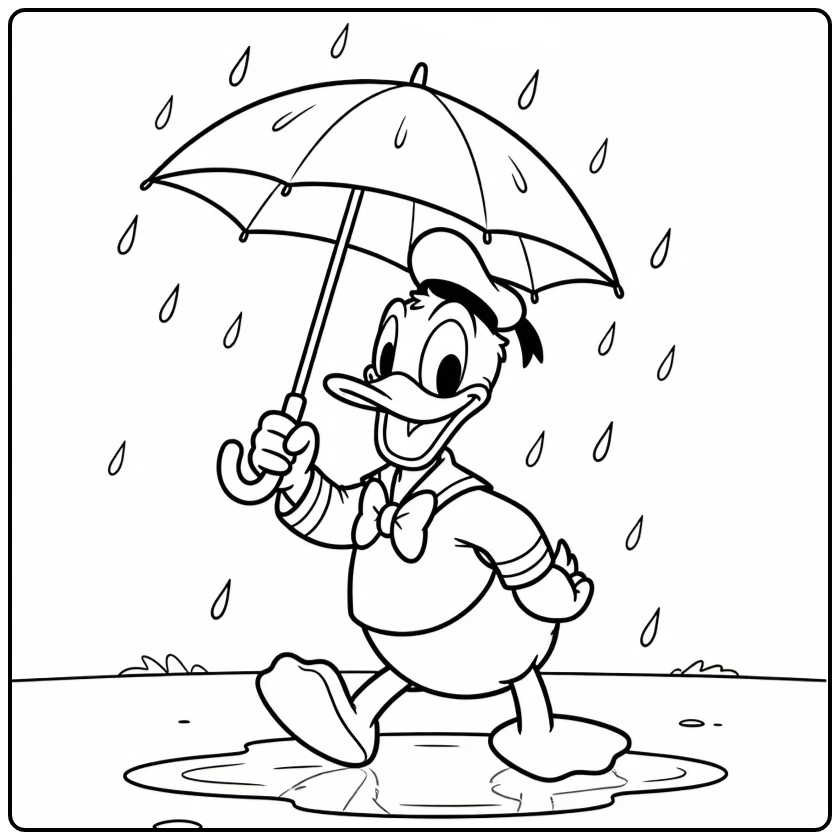 Donald Duck met paraplu in de regen - kleurplaat donald duck