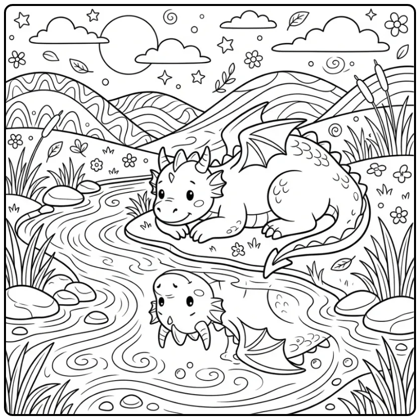 Schattige kleurplaat draak rustend aan de rivieroever.