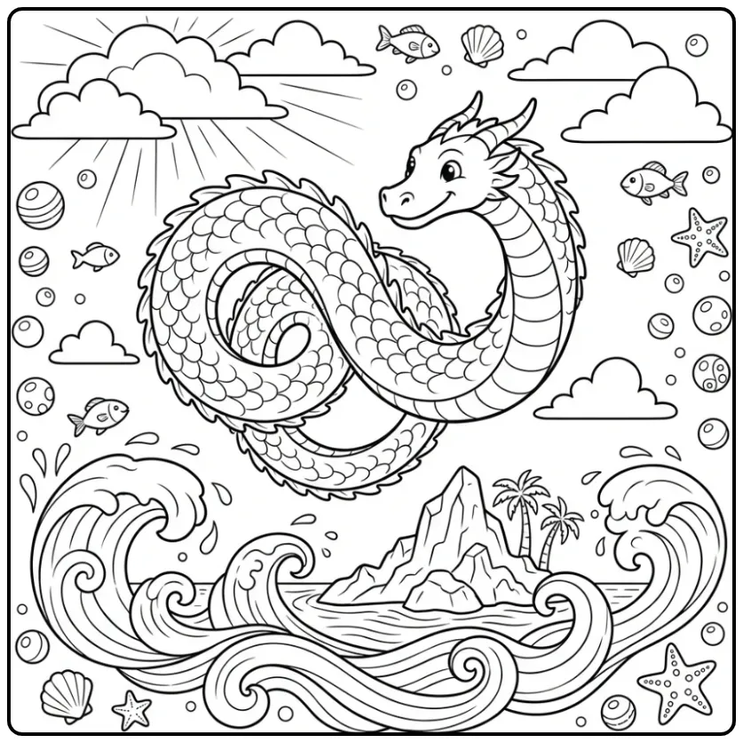 Schattige kleurplaat draak vliegend boven de wilde zee.