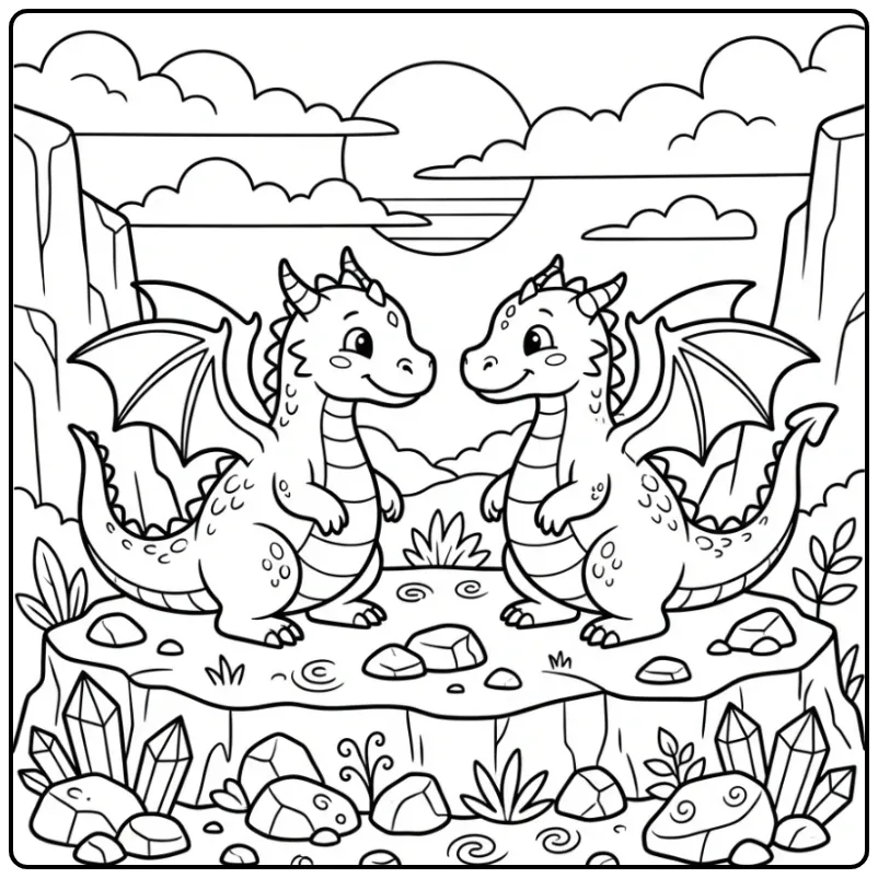 Schattige kleurplaat draak ontmoet vriendje op de rotsen