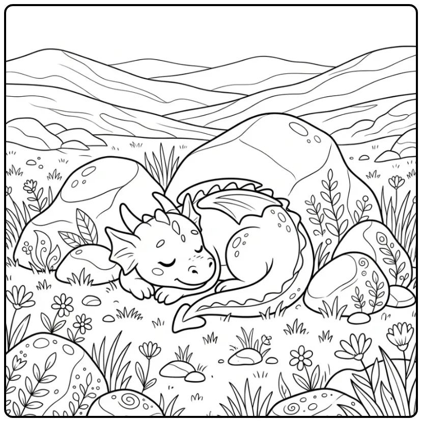 Een schattige kleurplaat draak rustend op grote ronde rotsen.