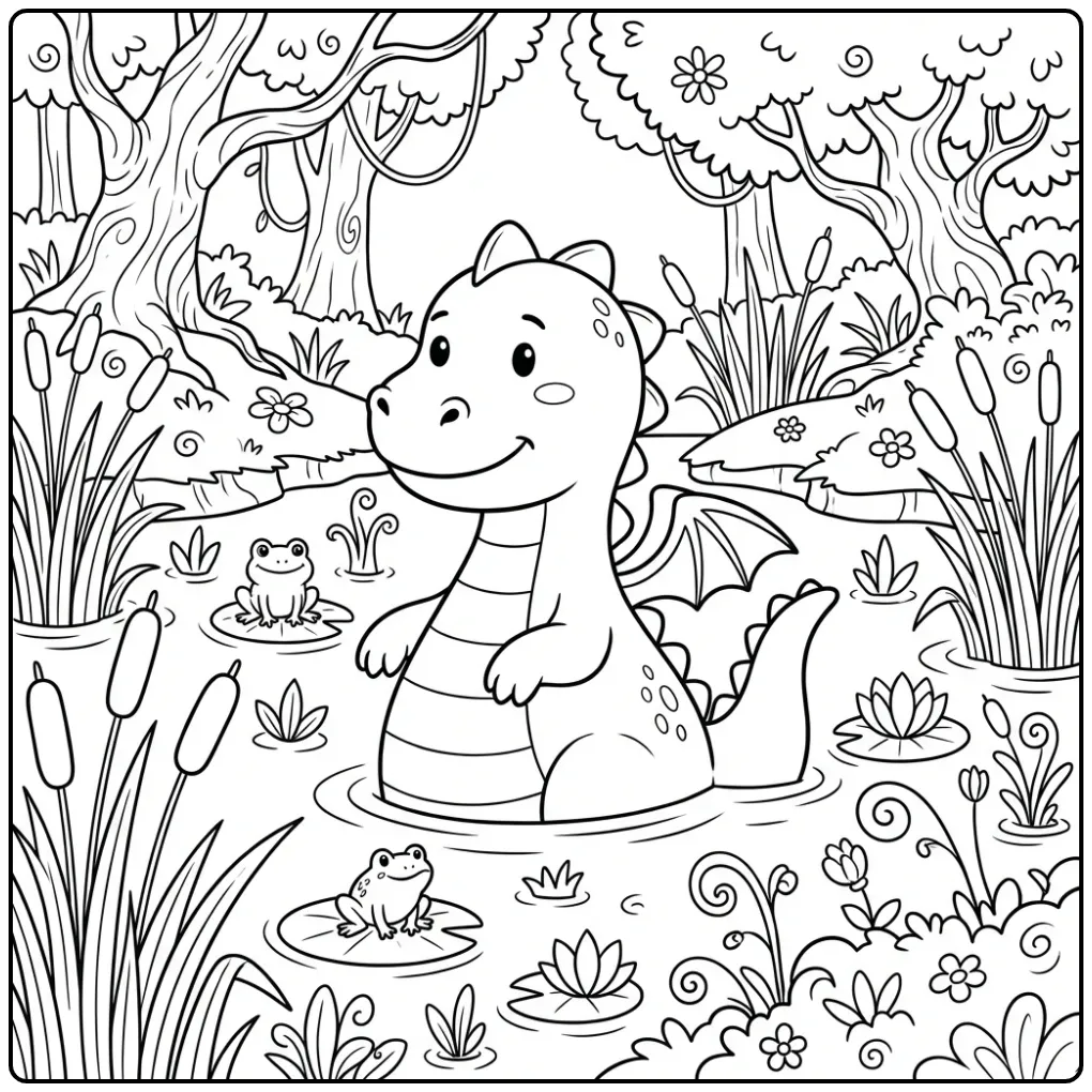 Een schattige kleurplaat draak in een moeras met riet.