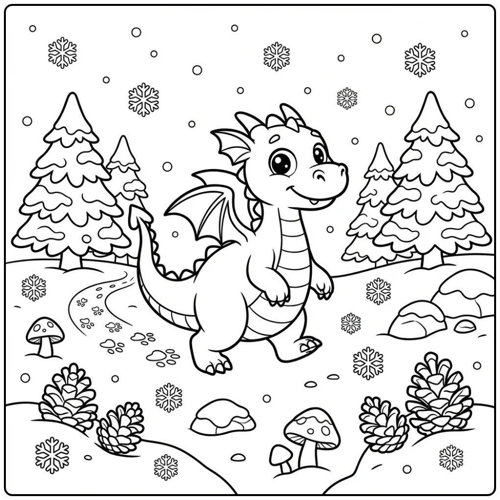 Schattige kleurplaat draak wandelt door sneeuw in het bos.