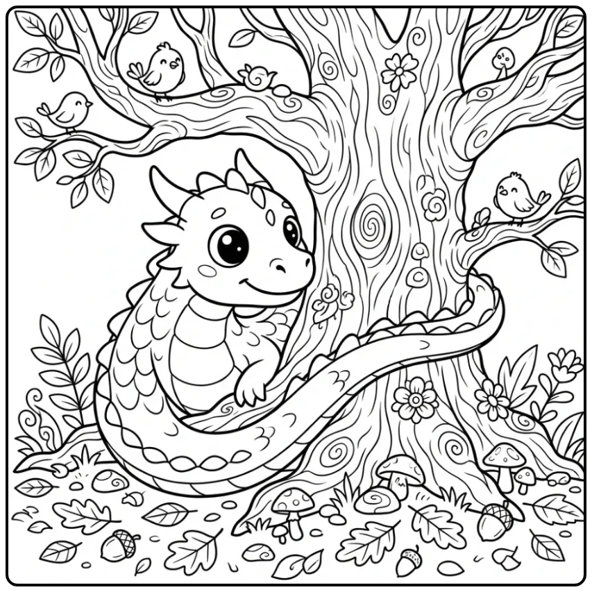 Schattige kleurplaat draak rond een oude boomstam.