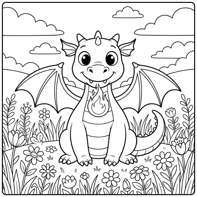 Een schattige kleurplaat draak met vuur in een bloemenweide.