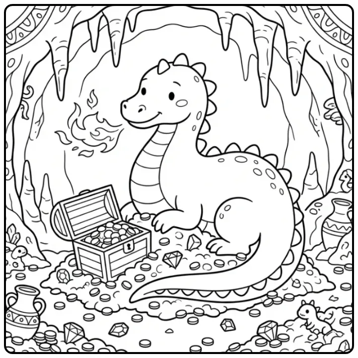 Schattige kleurplaat draak met vuur op een schat.