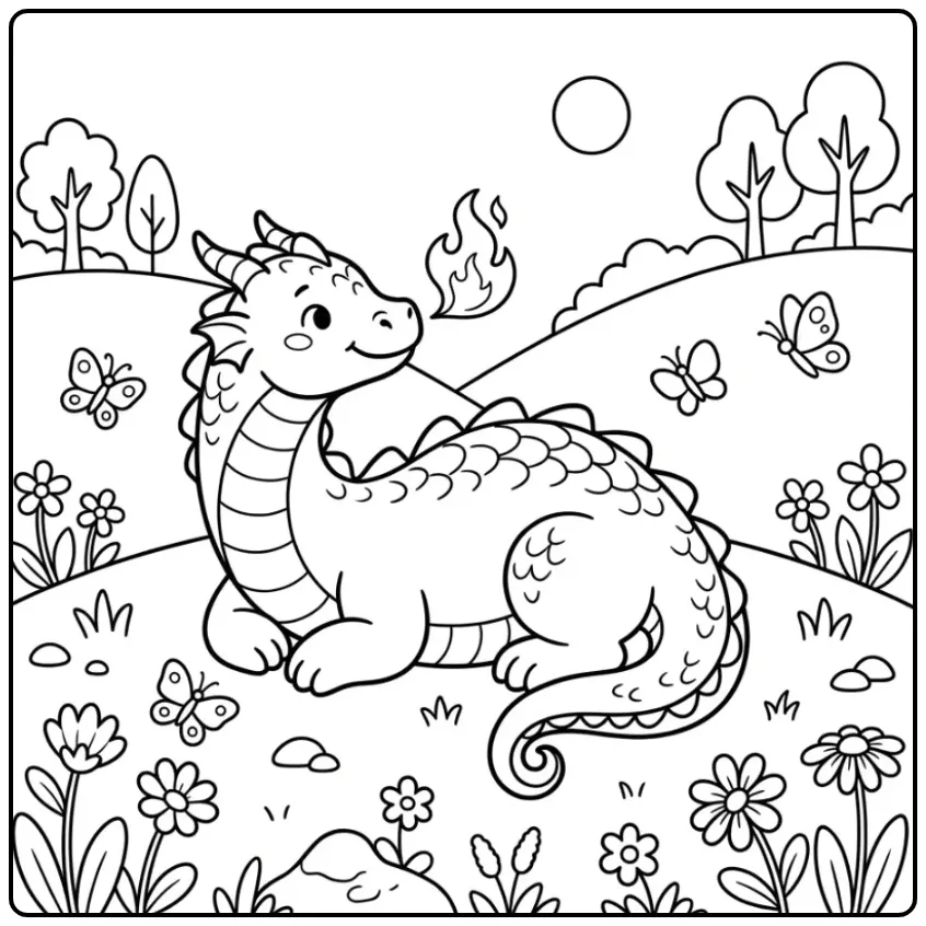 Schattige kleurplaat draak met vuur tussen de bloemen.